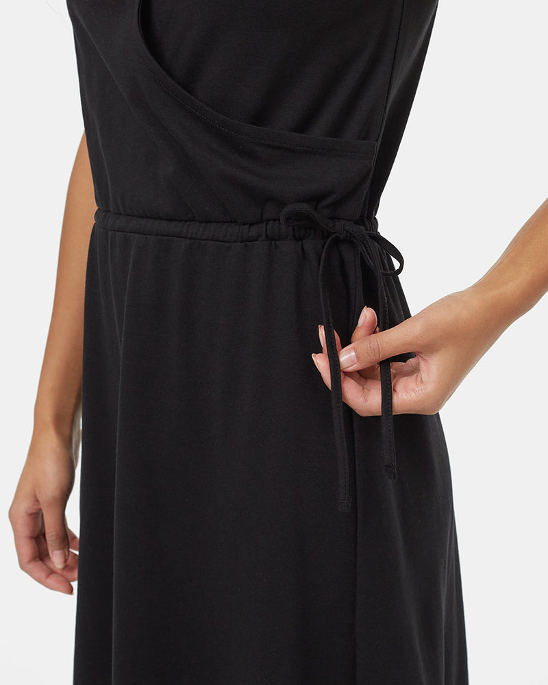 Black-Knee-Length-V-Neck-Wrap-Front-Dress