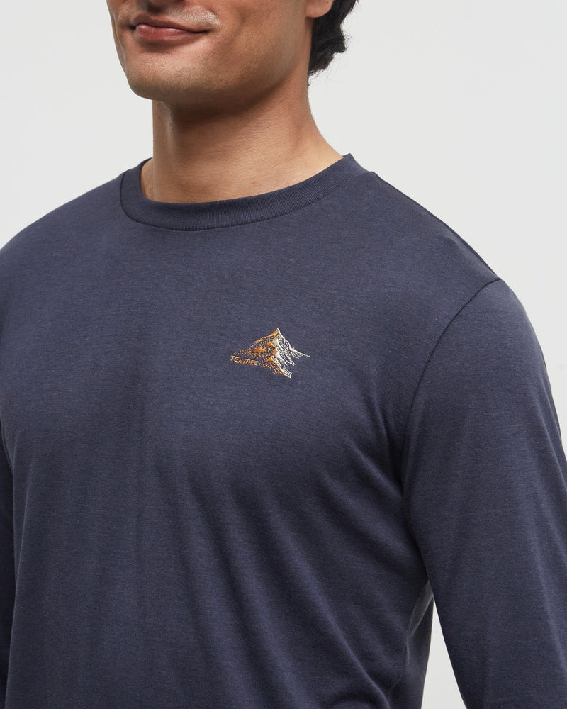 Blue-Crew-Neck-Graphic-Longsleeve-T-Shirt