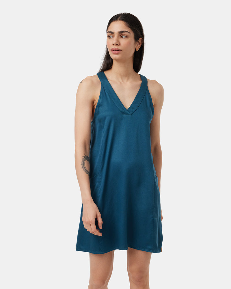 Blue-V-Neck-Racer-Back-Knee-Length-Dress