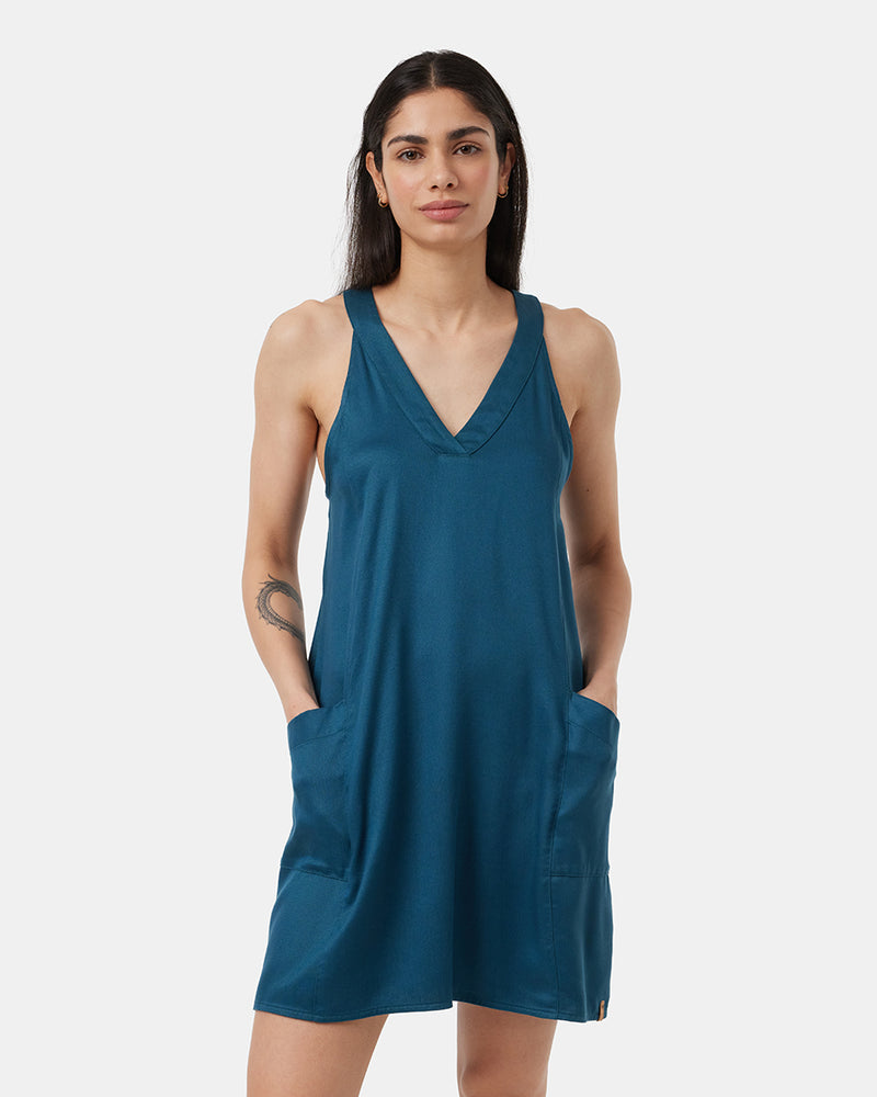 Blue-V-Neck-Racer-Back-Knee-Length-Dress