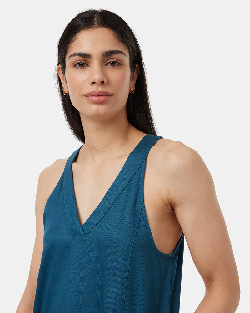 Blue-V-Neck-Racer-Back-Knee-Length-Dress