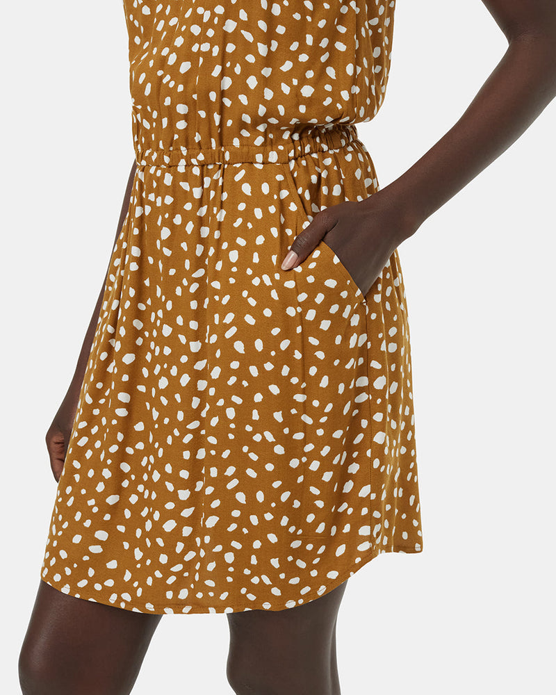 Brown-Knee-Length-Patterned-Crepe-Halter-Dress