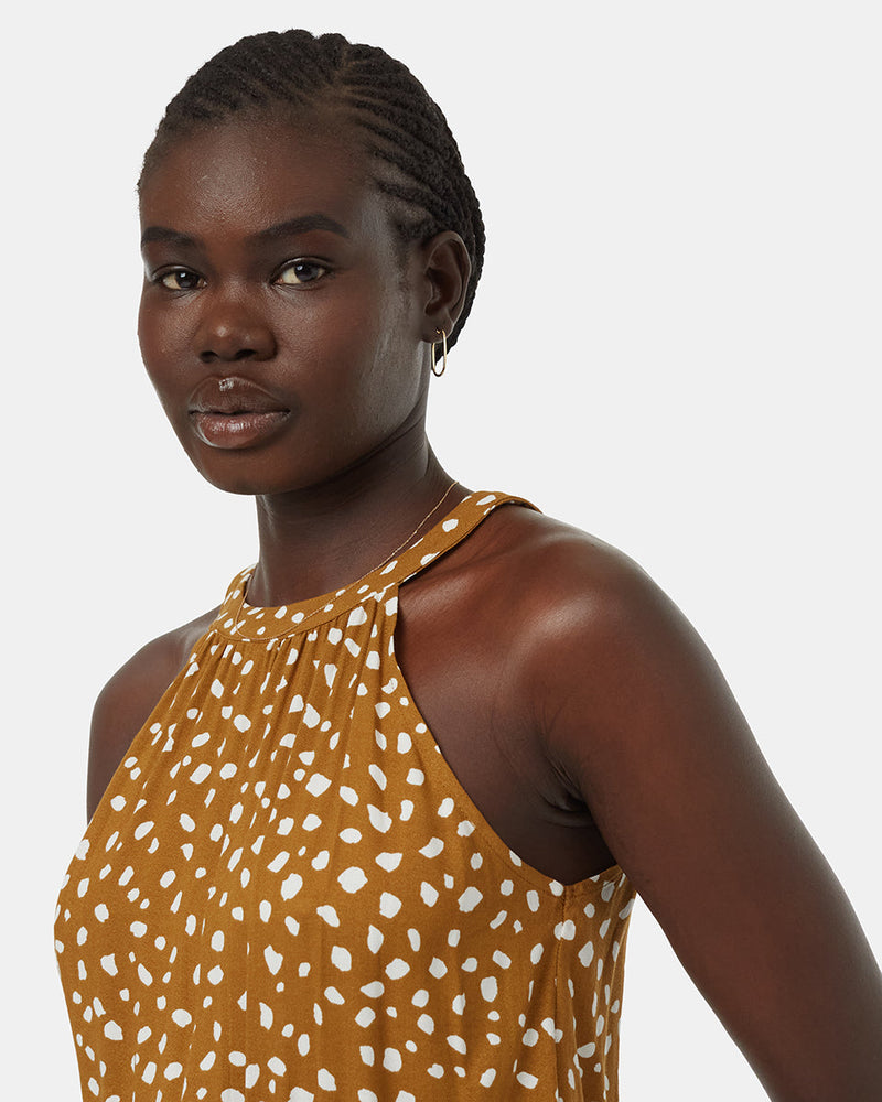 Brown-Knee-Length-Patterned-Crepe-Halter-Dress