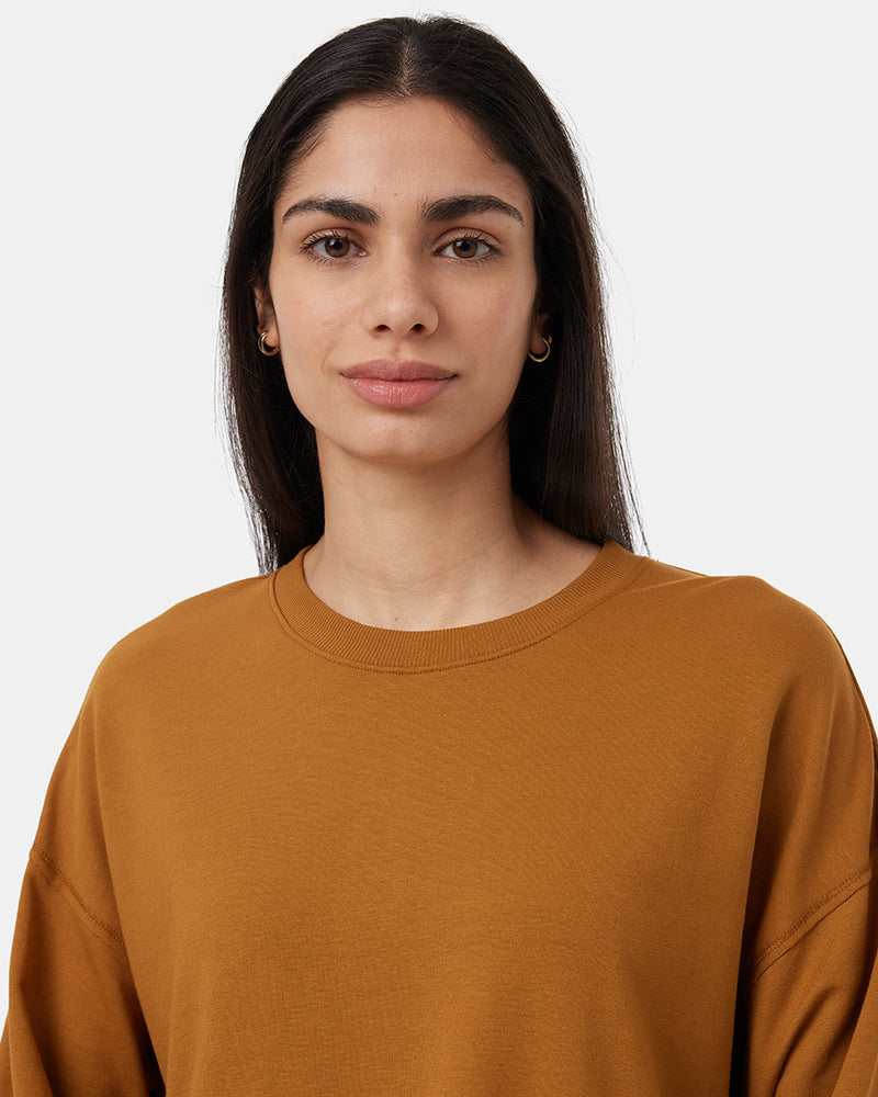 Brown-Ribbed-Crew-Neck-Oversized-Fleece-Sweatshirt