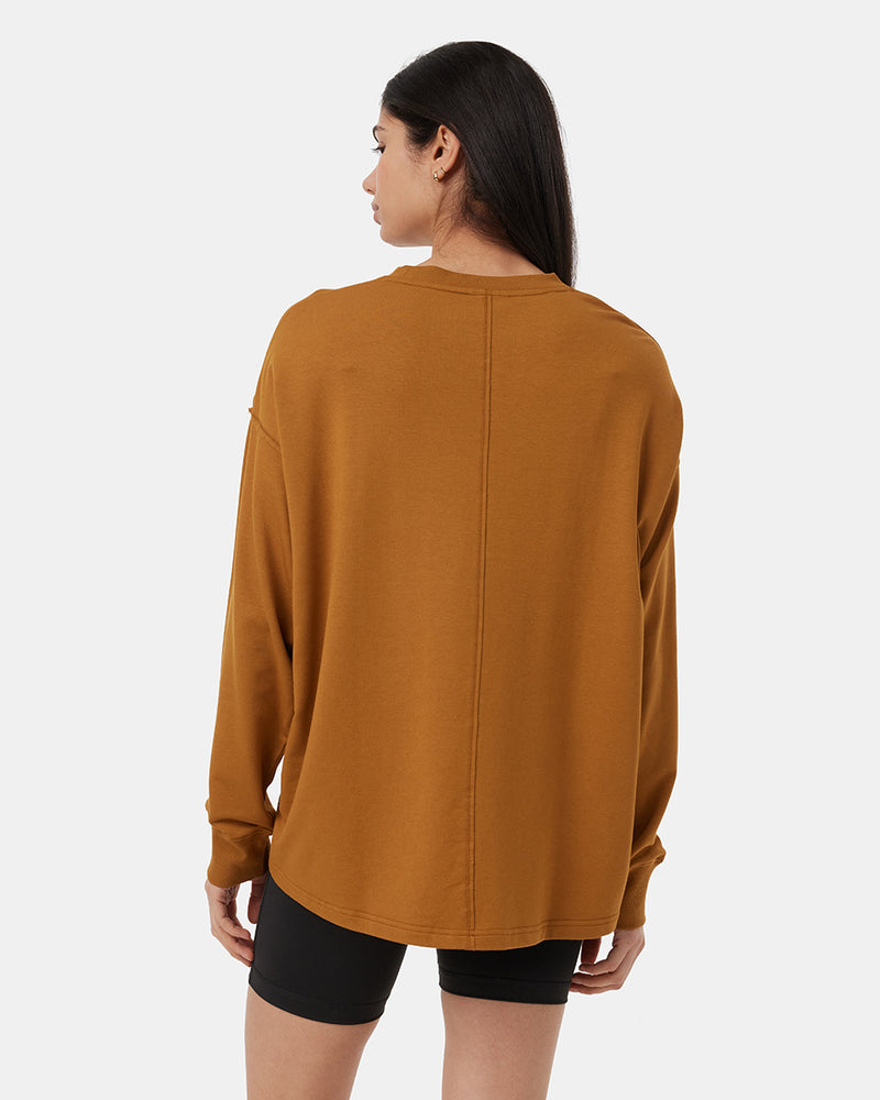 Brown-Ribbed-Crew-Neck-Oversized-Fleece-Sweatshirt