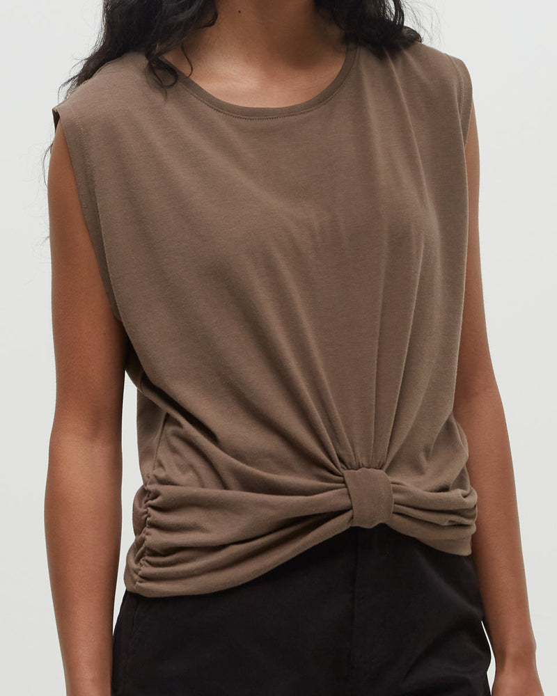Brown-Twist-Front-Sleeveless-T-Shirt
