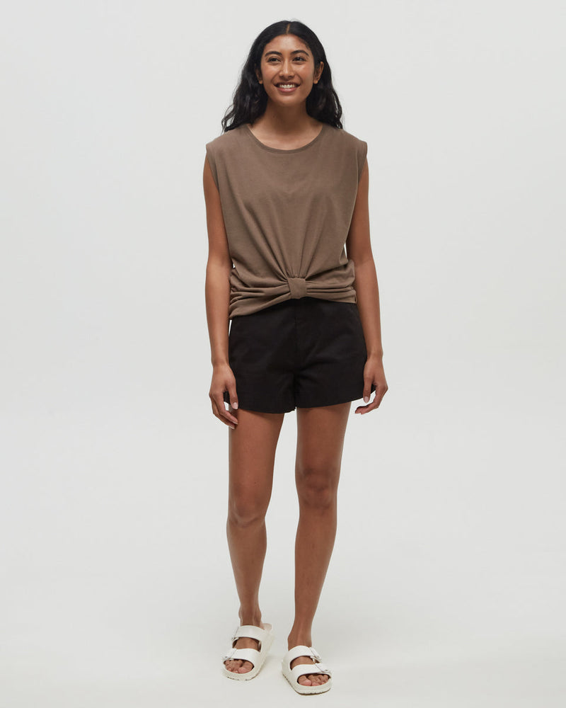 Brown-Twist-Front-Sleeveless-T-Shirt