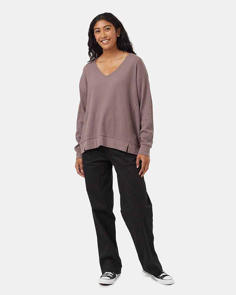 Brown-Waffle-Knit-V-neck-Longsleeve-Shirt