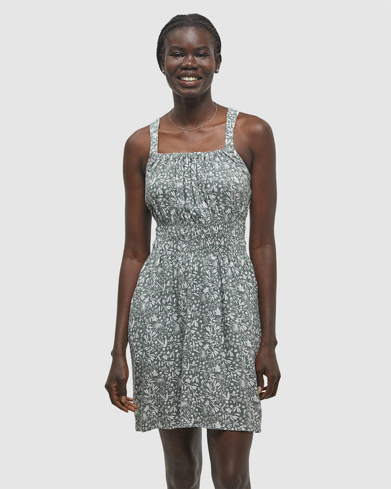 Green-Knee-Length-Crepe-Smocked-Waist-Tank-Dress